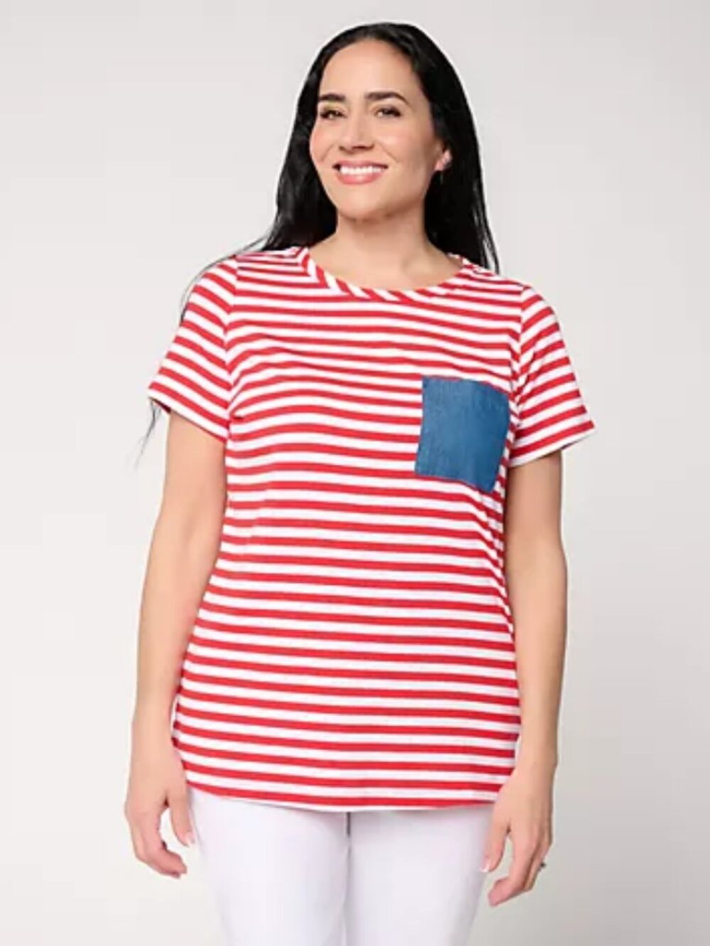 Liberty Belles by Kim Gravel TripleLuxe Knit Denim Pocket Top, Red Sz 3X a726329